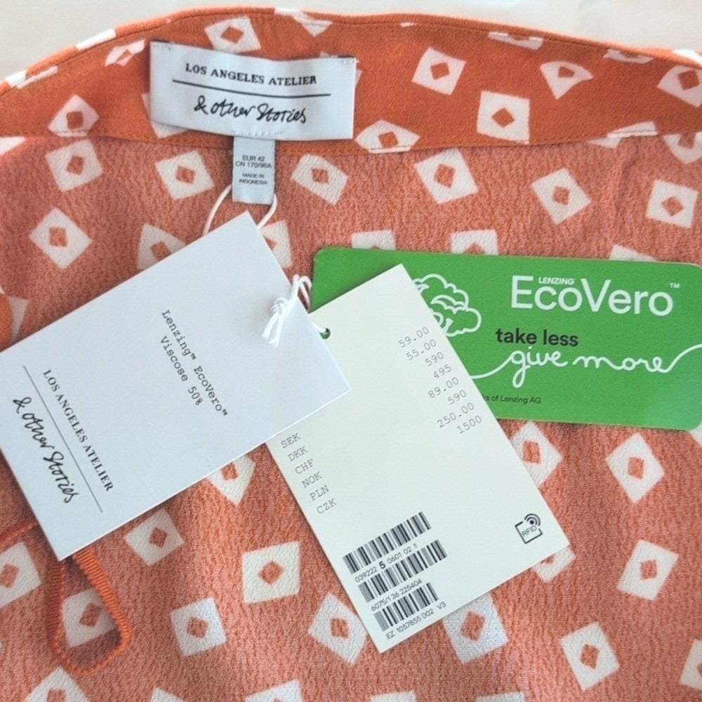 NWT & Other Stories Puff Sleeve Wrap Blouse in Orange Squares Size EU42/USMED - Picture 7 of 8